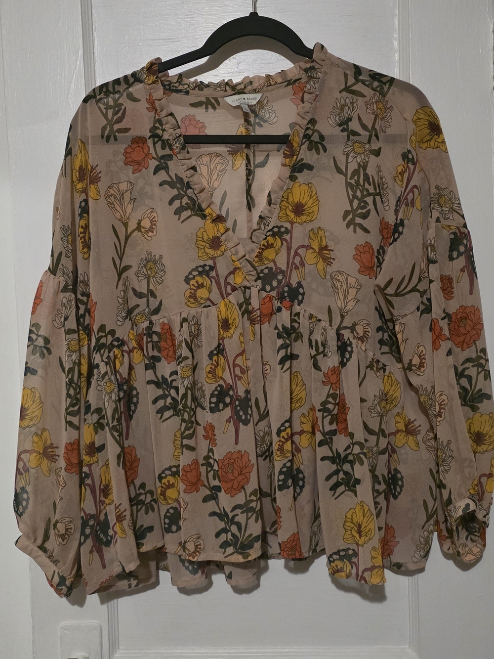 Lucky Brand Blush Floral Ruffle Peasant Top